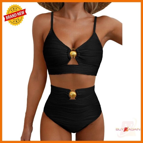 Other - High Waisted Bikini Set with Metal Ring Cutout, Push Up Top, Textured Fabric
